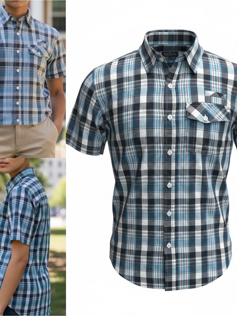 Marc Ecko Men's Large Blue Gray Gingham Plaid Button Down Shirt Short Sleeve